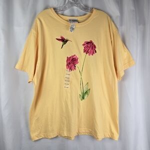 Vintage Morning Sun Yellow Hummingbird & Floral Graphic Tee T-Shirt Plus Size 2X